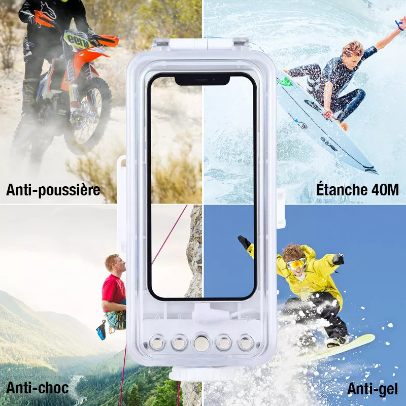 Face avant du caisson de protection sous-marine pour iPhone avec sa vitre optique haute transparence pour des photos nettes.