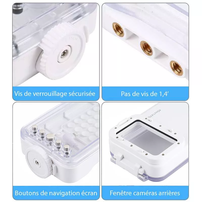Caisson étanche iPhone monté sur un support stabilisateur pour des vidéos aquatiques professionnelles.