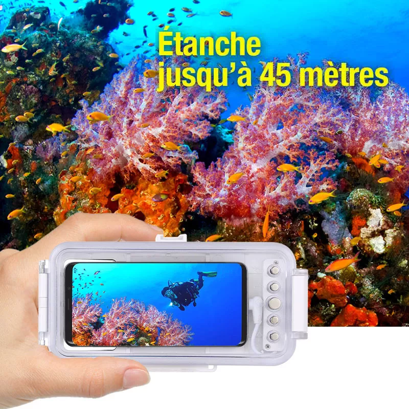 Vue de face du caisson étanche pour smartphone avec sa large vitre optique transparente permettant de capturer des photos nettes sous l'eau.
