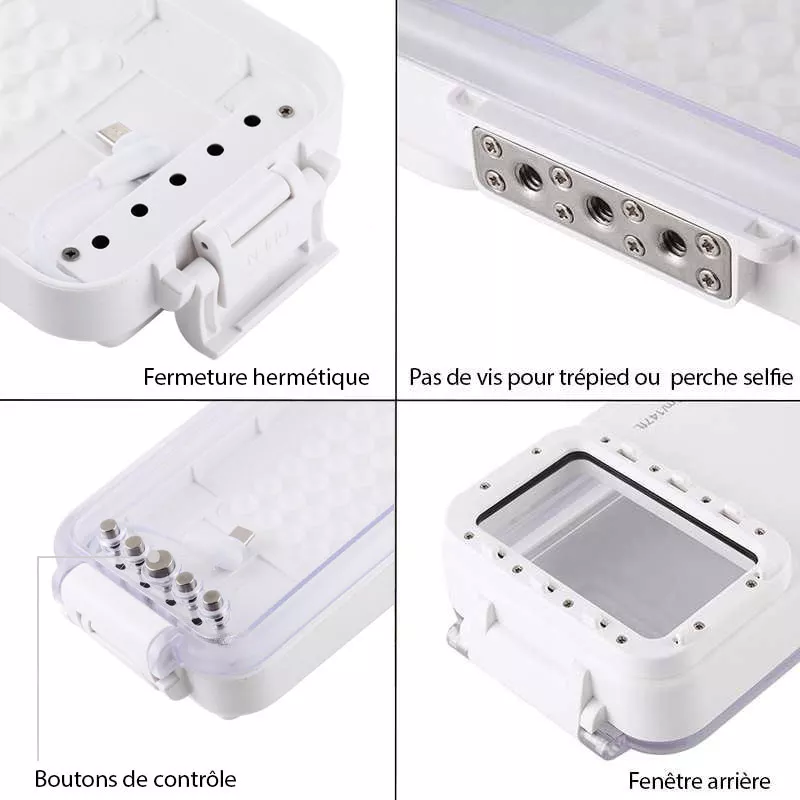Utilisation des boutons physiques externes du caisson permettant de contrôler facilement l'application photo du smartphone sous l'eau.