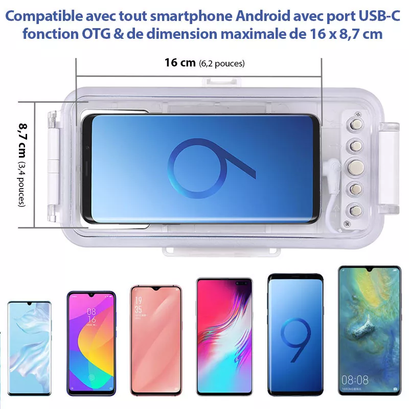 Contenu du pack complet comprenant le caisson de protection sous-marin, la dragonne, les filtres de couleur et le manuel d'utilisation.