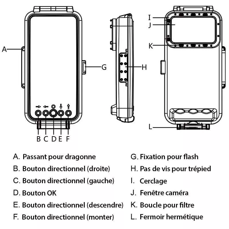 Caisson étanche équipé de sa dragonne de sécurité et fixé sur un trépied pour des prises de vues stables lors de sessions de plongée ou de snorkeling.