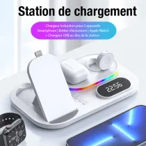 Station de Charge 4-en-1 avec Chargeur Induction & USB | LED | Horloge
