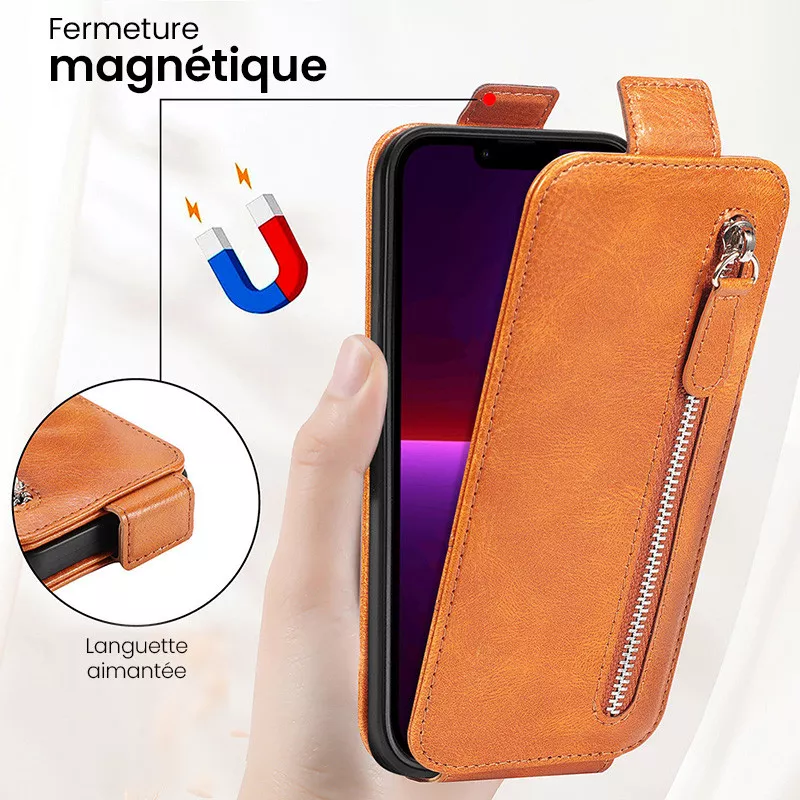 Étui Portefeuille Magnétique SIYOPINPFY Pour IPhone 12/12 Pro - Cuir Véritable, 3 Emplacements Cartes + Compartiment Billets, Fonction Support (Couleur Orange)