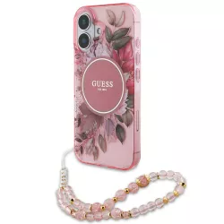iPhone 16 | Coque MagSafe GUESS IML Flowers & Sangle Perlée