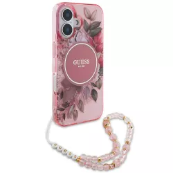 iPhone 16 | Coque MagSafe GUESS IML Flowers & Sangle Perlée