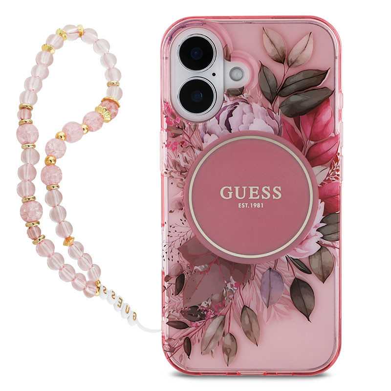 iPhone 16 Plus | Coque MagSafe GUESS IML Flowers & Sangle Perlée iPhone 16 Plus | Coque MagSafe GUESS IML Flowers & Sangle Perlée