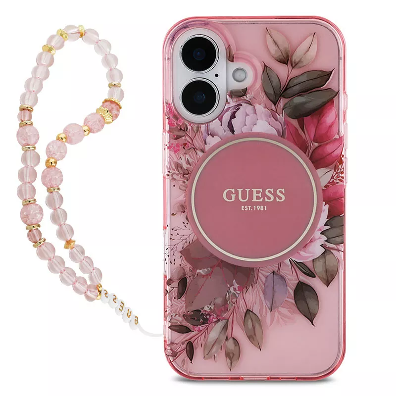 iPhone 16 Plus | Coque MagSafe GUESS IML Flowers & Sangle Perlée