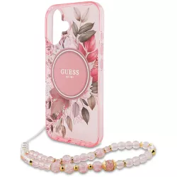 iPhone 16 Plus | Coque MagSafe GUESS IML Flowers & Sangle Perlée