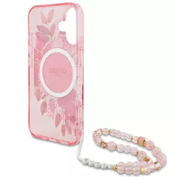 iPhone 16 Plus | Coque MagSafe GUESS IML Flowers & Sangle Perlée