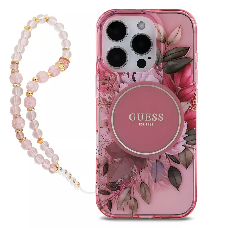 iPhone 16 Pro | Coque MagSafe GUESS IML Flowers & Sangle Perlée