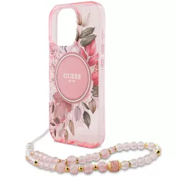 iPhone 16 Pro | Coque MagSafe GUESS IML Flowers & Sangle Perlée