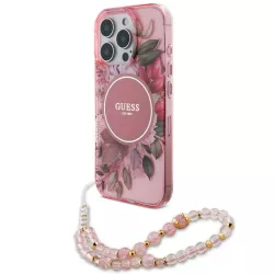 iPhone 16 Pro Max | Coque MagSafe GUESS IML Flowers & Sangle Perlée