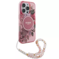 iPhone 16 Pro Max | Coque MagSafe GUESS IML Flowers & Sangle Perlée