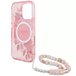 iPhone 16 Pro Max | Coque MagSafe GUESS IML Flowers & Sangle Perlée