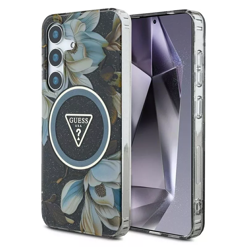 Galaxy S25 | Coque MagSafe GUESS Glitter Flowers Triangle