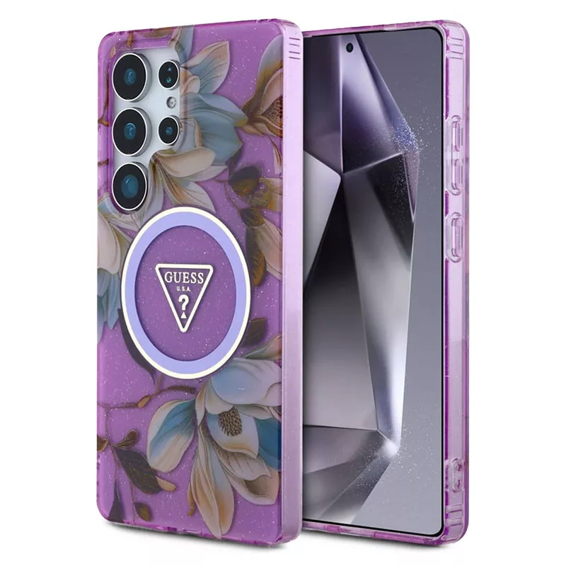 Galaxy S25 Ultra | Coque MagSafe GUESS Glitter Flowers Triangle