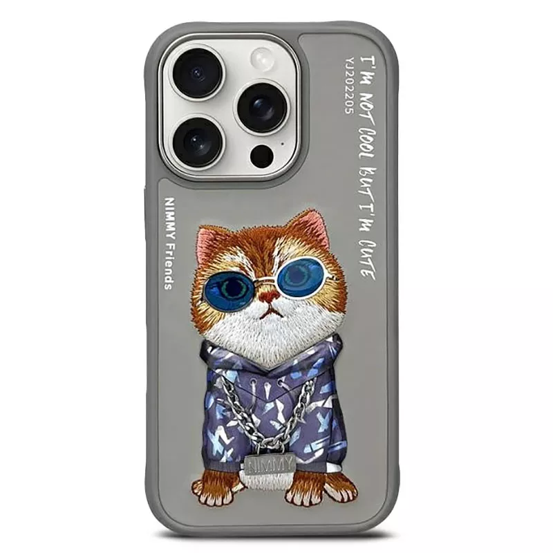 iPhone 16 Pro Max | Coque NIMMY FRIENDS Gray Glasses Cool Cat Brodée