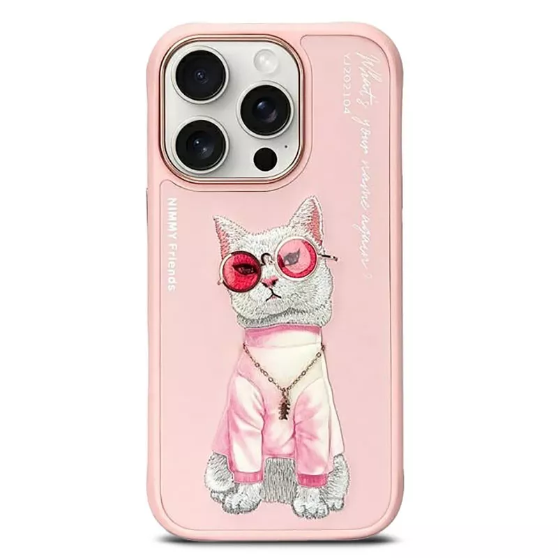 iPhone 16 Pro | Coque NIMMY Pink Glasses Cool Cat Brodée