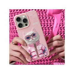 iPhone 16 Pro | Coque NIMMY Cool Cute Pink Cat Brodée