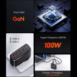 Chargeur GaN 100W USAMS CC145 | 2 * USB-C | 2 * USB-A