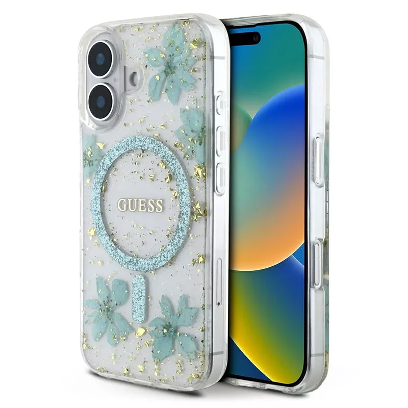 iPhone 16 | Coque MagSafe GUESS Fleurs Résine Pailletée