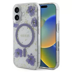 iPhone 16 | Coque MagSafe GUESS Fleurs Résine Pailletée