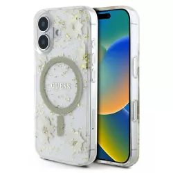 iPhone 16 | Coque MagSafe GUESS Fleurs Résine Pailletée