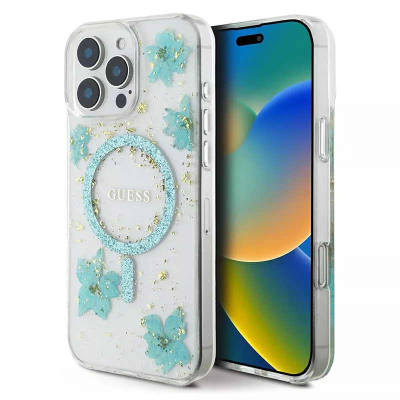 iPhone 16 Pro Max | Coque MagSafe GUESS Fleurs Résine Pailletée