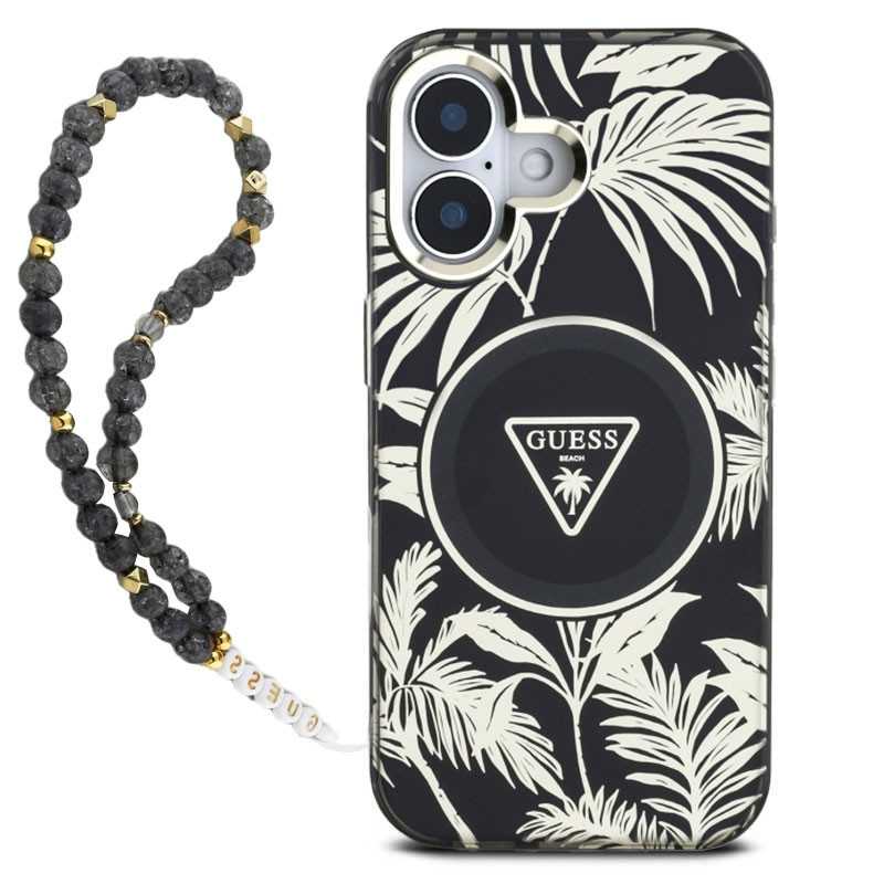 iPhone 16 | Coque MagSafe GUESS IML Palmiers & Sangle Perlée iPhone 16 | Coque MagSafe GUESS IML Palmiers & Sangle Perlée
