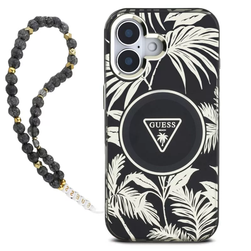 iPhone 16 | Coque MagSafe GUESS IML Palmiers & Sangle Perlée