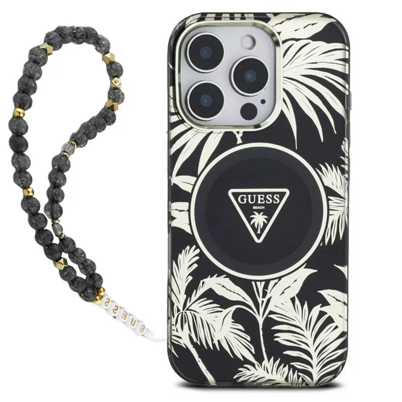 iPhone 16 Pro | Coque MagSafe GUESS Palmiers & Sangle Perlée