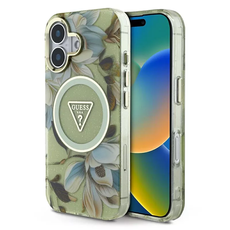 iPhone 16 | Coque MagSafe GUESS Glitter Flowers Triangle