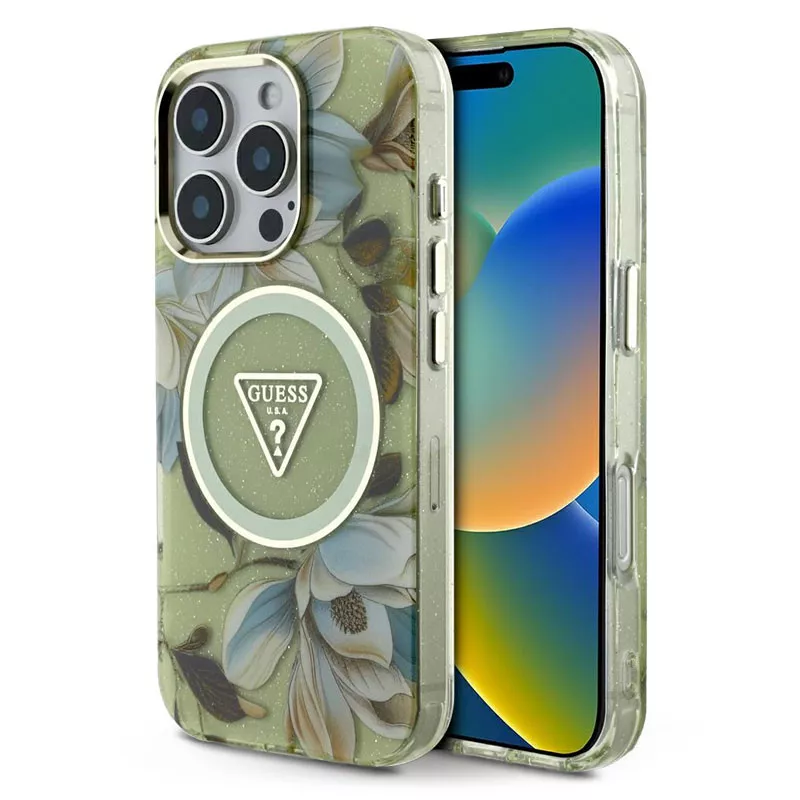 iPhone 16 Pro | Coque MagSafe GUESS Glitter Flowers Triangle