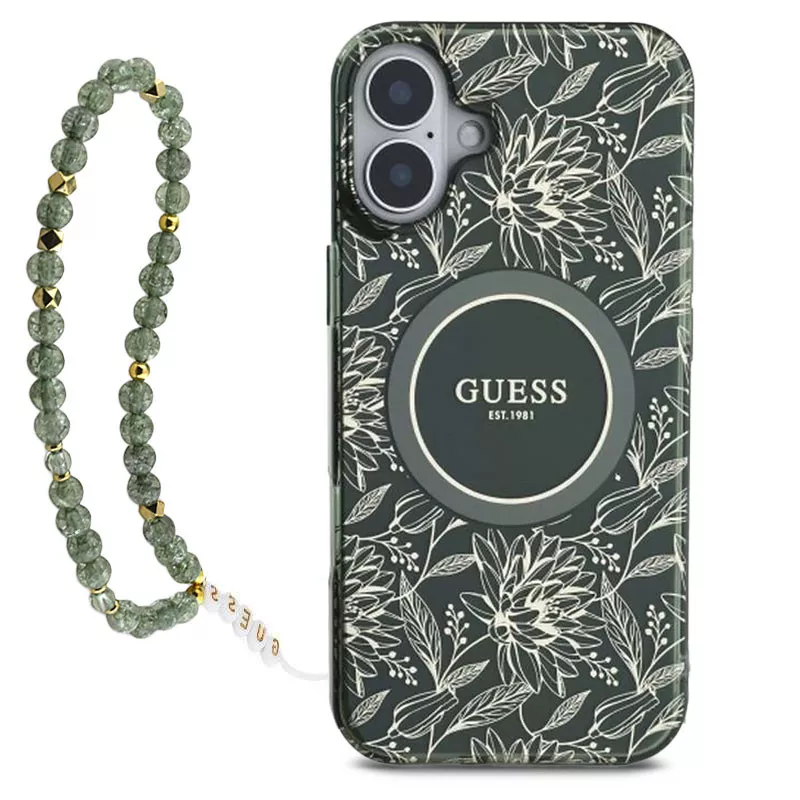 iPhone 16 Plus | Coque MagSafe GUESS Fleurs Electros & Sangle