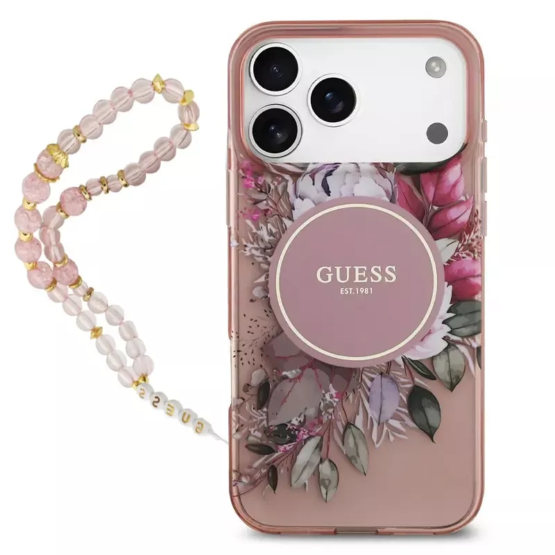 iPhone 17 Pro Max | Coque MagSafe GUESS IML Flowers avec Sangle Perlée