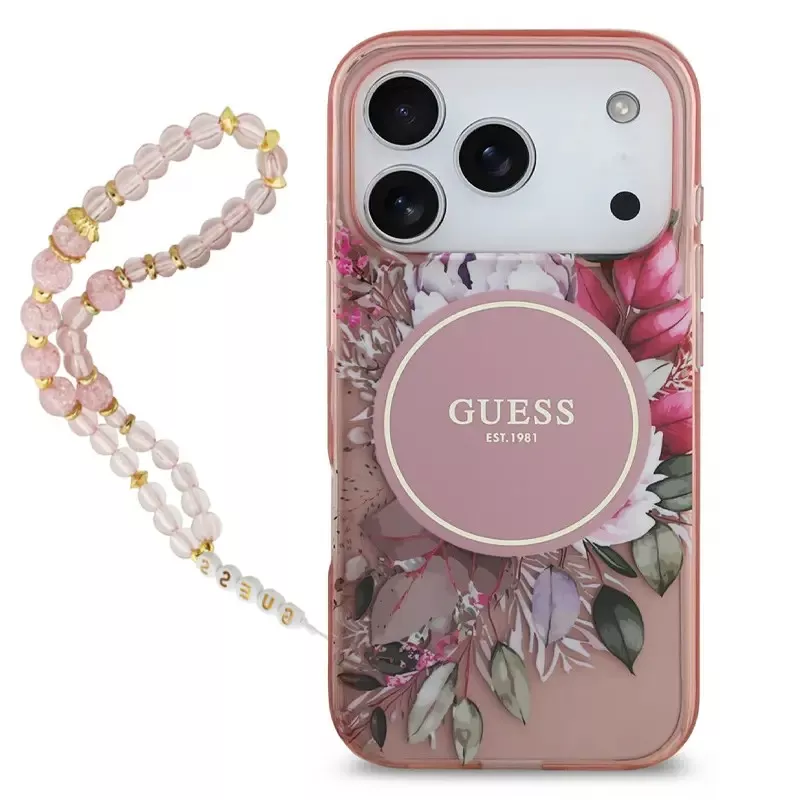 iPhone 17 Pro | Coque MagSafe GUESS IML Flowers avec Sangle Perlée Amo