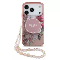 iPhone 17 Pro | Coque MagSafe GUESS IML Flowers avec Sangle Perlée Amo