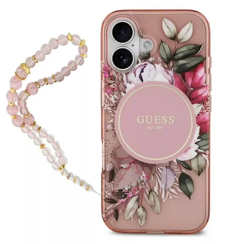 iPhone 17 | Coque MagSafe GUESS IML Flowers avec Sangle Perlée Amovibl