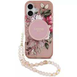 iPhone 17 | Coque MagSafe GUESS IML Flowers avec Sangle Perlée Amovibl
