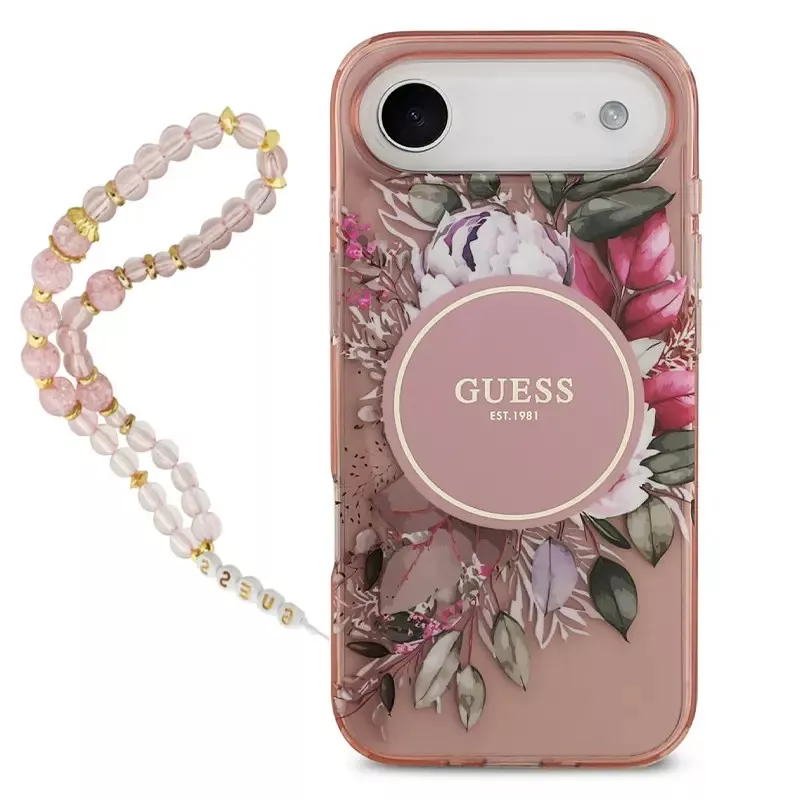 iPhone Air | Coque MagSafe GUESS IML Flowers avec Sangle Perlée Amovib
