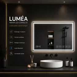 Miroir LED Connecté LUMÉA Bluetooth, Antibuée & Horloge 80x60 cm