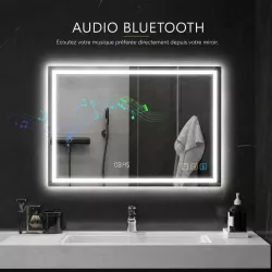 Miroir LED Connecté LUMÉA Bluetooth, Antibuée & Horloge 80x60 cm