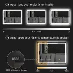 Miroir LED Connecté LUMÉA Bluetooth, Antibuée & Horloge 80x60 cm