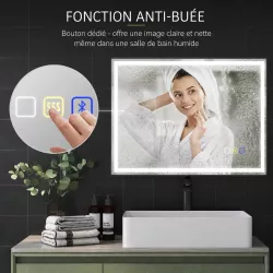 Miroir LED Connecté LUMÉA Bluetooth, Antibuée & Horloge 80x60 cm