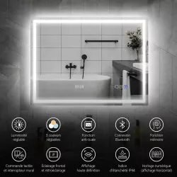 Miroir LED Connecté LUMÉA 100x80 cm | Antibuée & Horloge