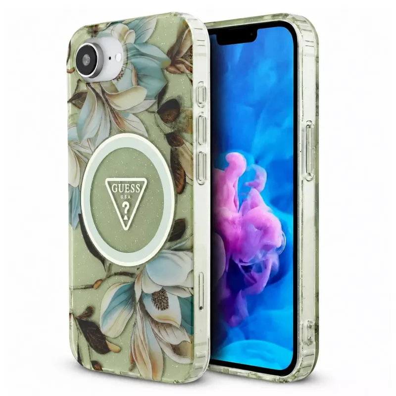 iPhone 16e / 17e - Coque GUESS IML Glitter Flowers Triangle