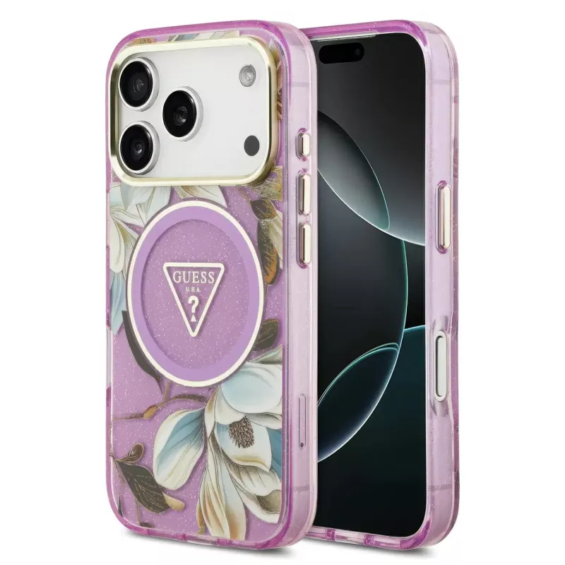 iPhone 18/17 Pro | Coque GUESS IML Glitter Flowers Triangle