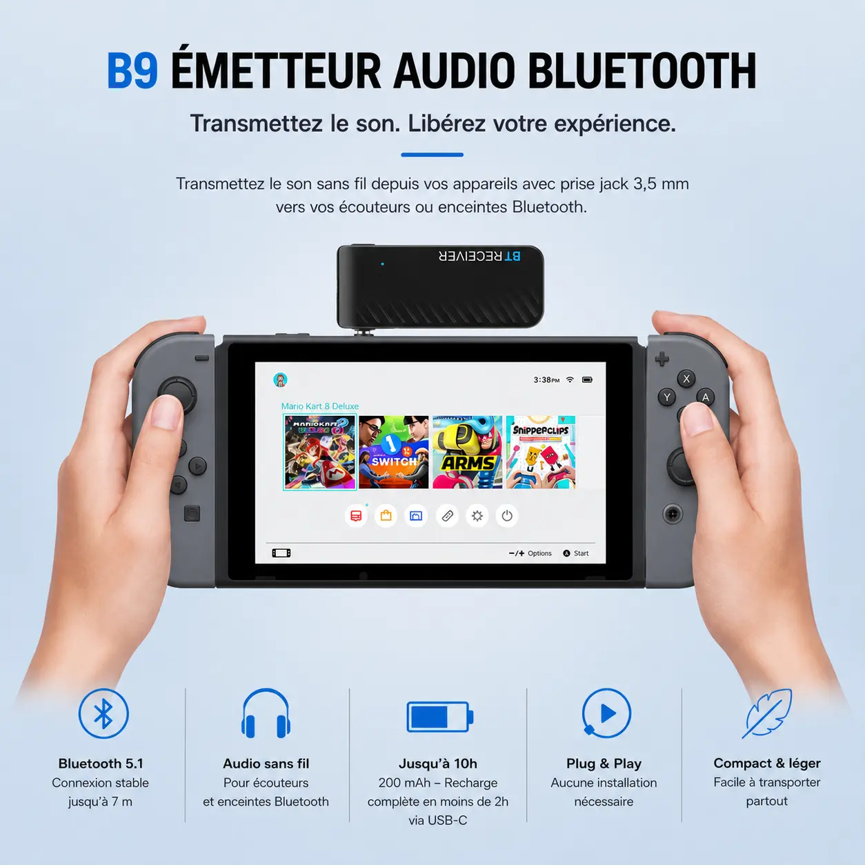 Émetteur Bluetooth 4smarts B9 connecté à une console portable