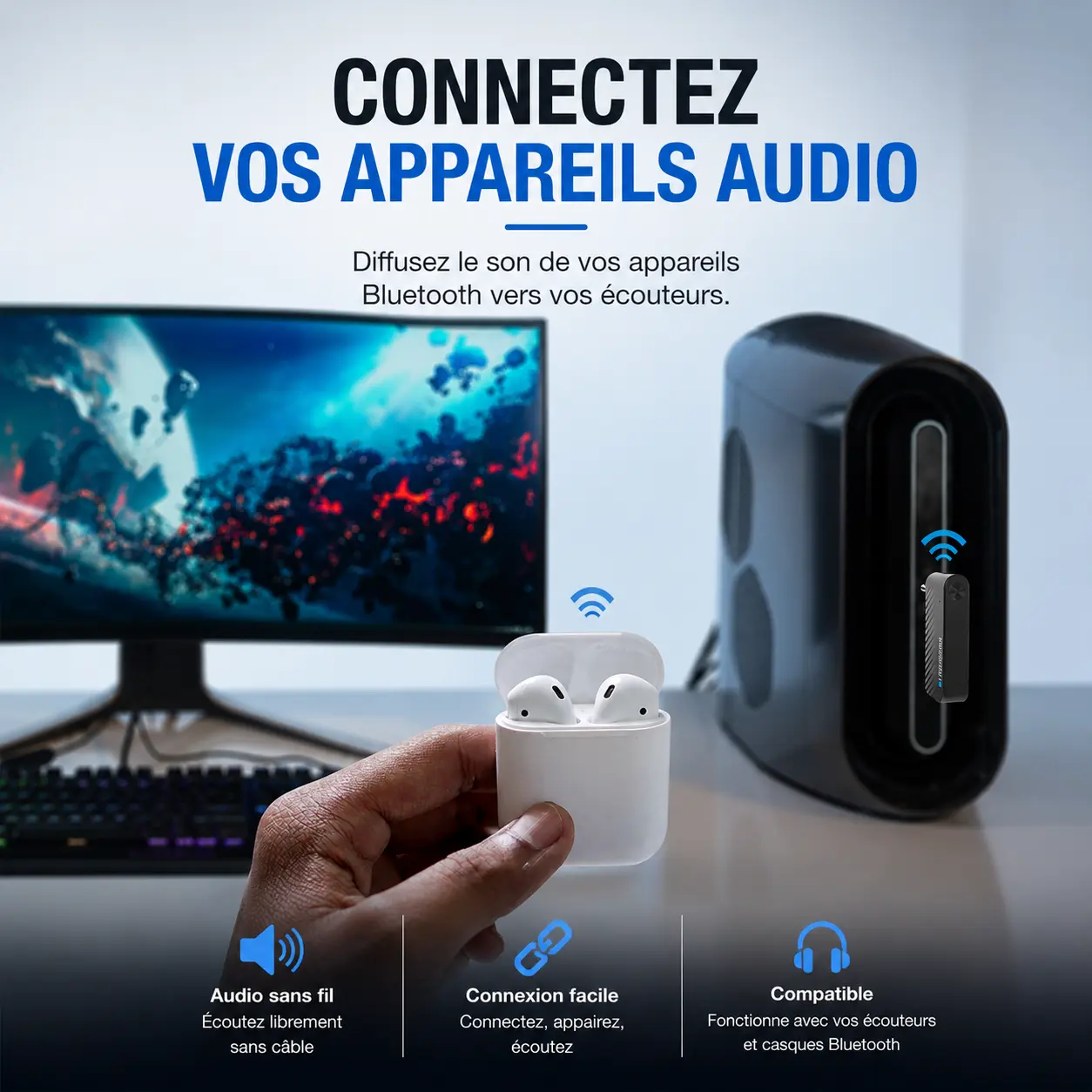 Émetteur Bluetooth 4smarts B9 compatible avec écouteurs et casques Bluetooth
